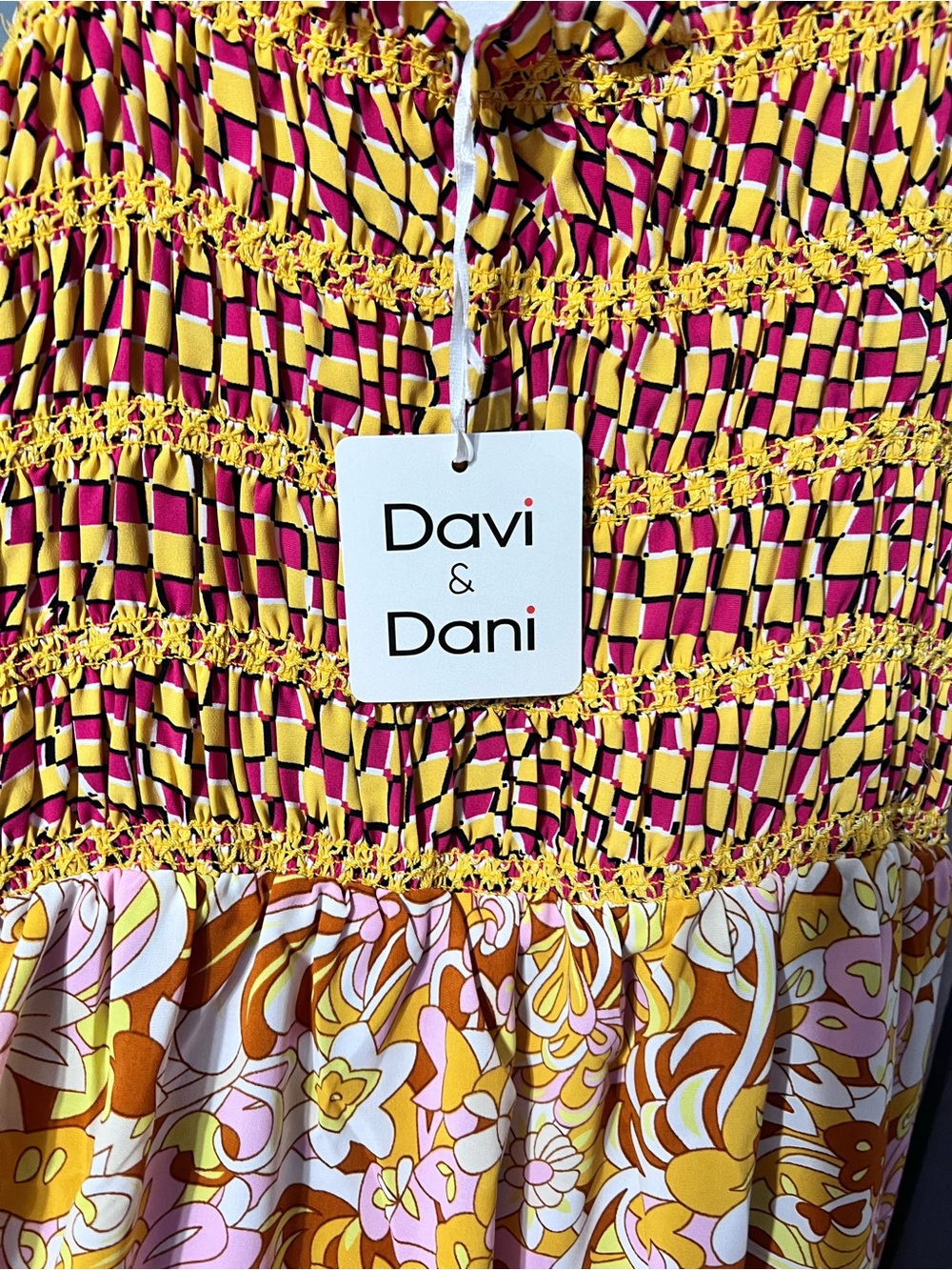 Davi & Dani Pink and Yellow Smocked Floral Top Dress 1X NWT